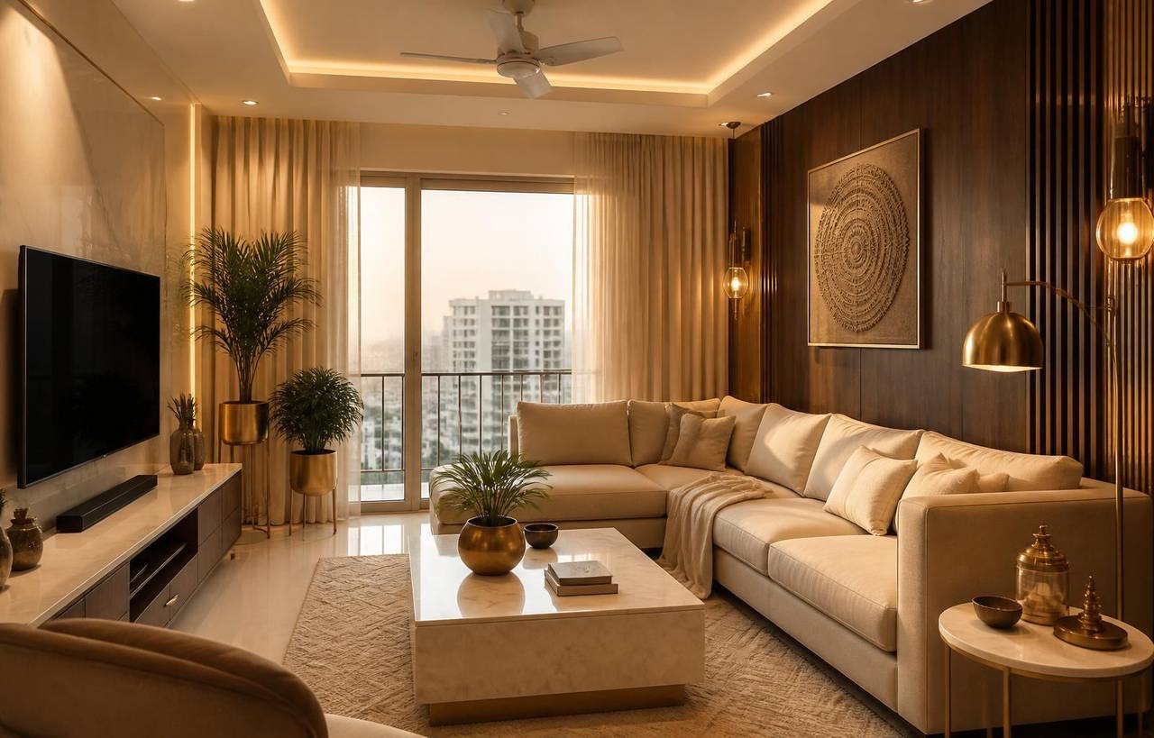 Luxury Bengaluru apartment living room with beige sofa, teak panels and brass accents